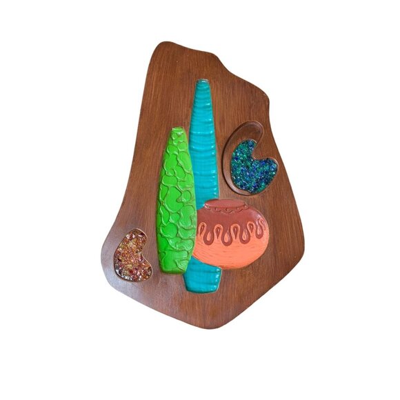 Vintage 1970s Ceramic Wall Art Wood Style Painted Gemstones 16x11